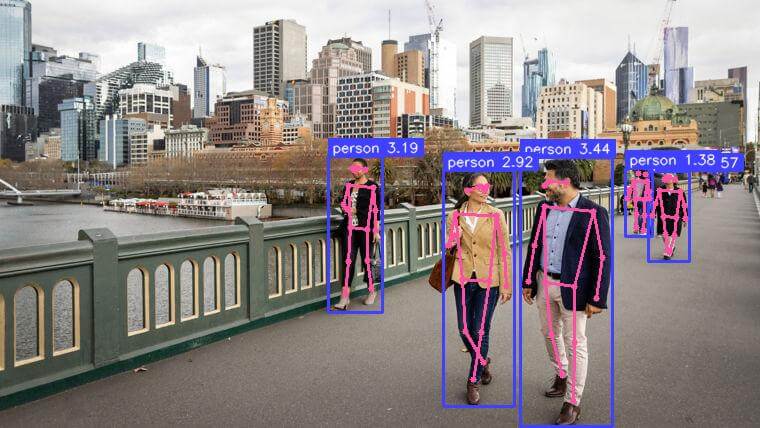 People walking on a bridge with RF-DETR keypoint skeleton overlays and bounding boxes