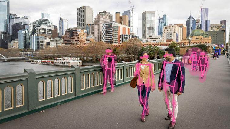 People walking on a bridge — RF-DETR keypoint skeleton visualization without bounding boxes